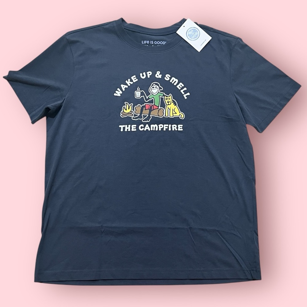 Life Is Good Men’s Blue Tee (Wake Up & Smell The Campfire)